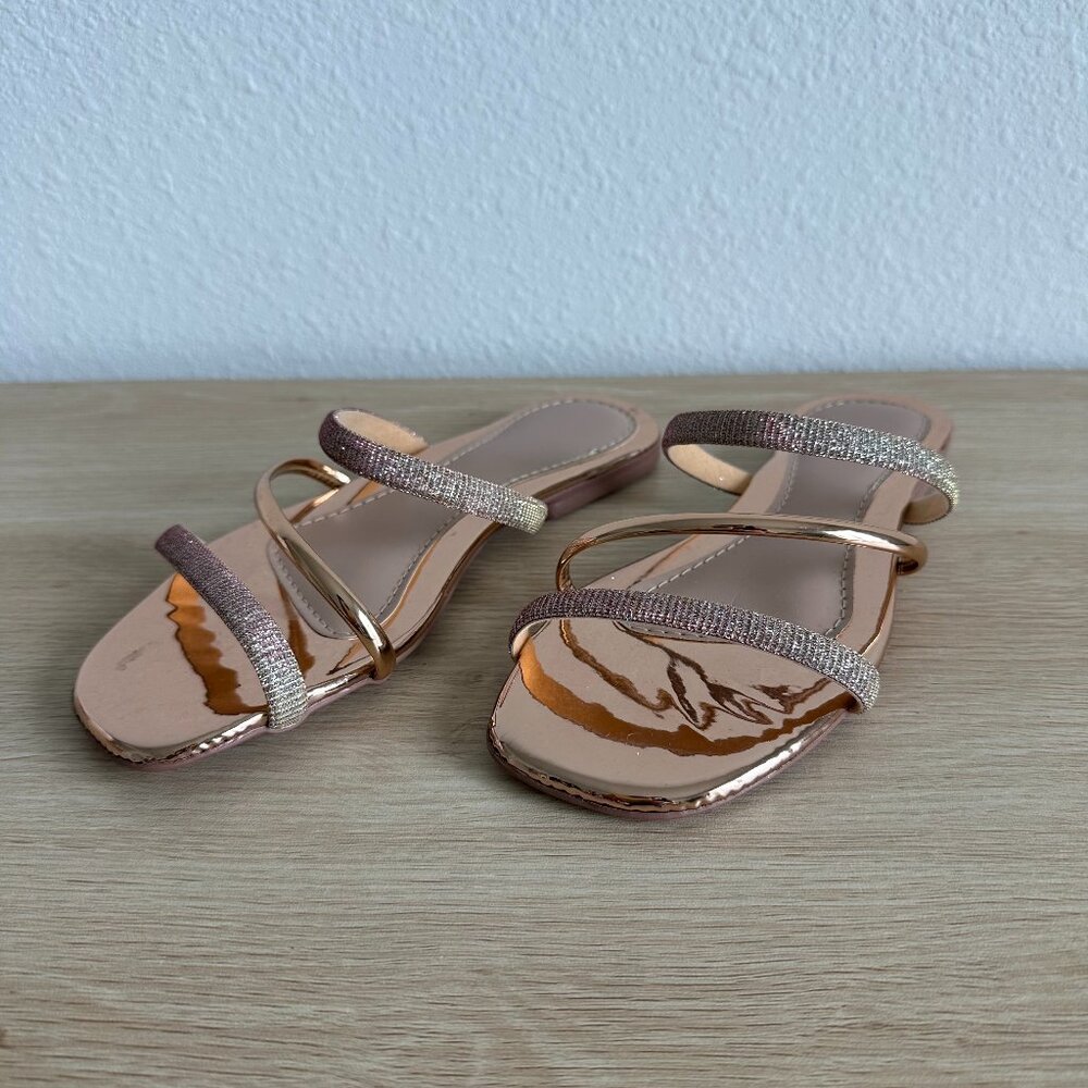 Fancy, bedazzled, rose gold party flats